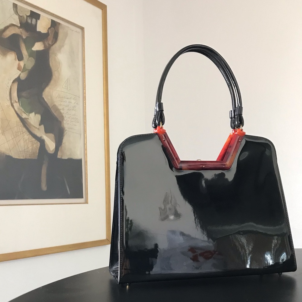 1950s Bobbie Jerome Black Patent Vintage Handbag with Tortoise Shell Lucite Trim